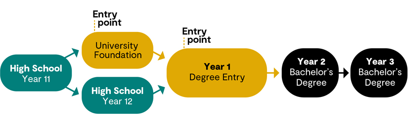 Flowchart describing the two entry points to undergraduate university study in Germany with Navitas, including university foundation programs and direct degree entry.