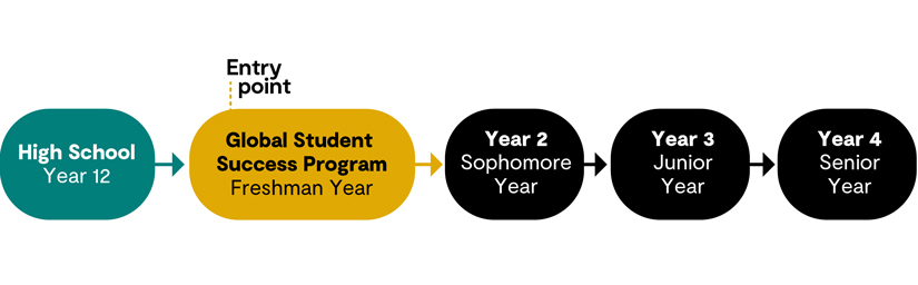 Flowchart describing the entry point to undergraduate university study in the USA with Navitas, the Global Student Success Program.