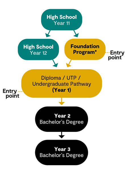 Flowchart describing the two entry points to undergraduate university study with Navitas, including Foundation Programs and Diploma Programs.