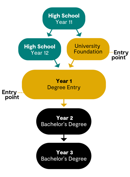 Flowchart describing the two entry points to undergraduate university study in Germany with Navitas, including university foundation programs and direct degree entry.