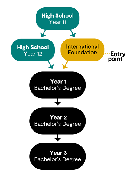Flowchart describing the two entry points to undergraduate university study in the Netherlands with Navitas, including high school and an international foundation year.