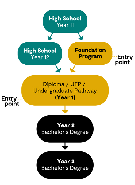 Flowchart describing the two entry points to undergraduate university study with Navitas, including Foundation Programs, Diploma Programs, and UTP Programs.
